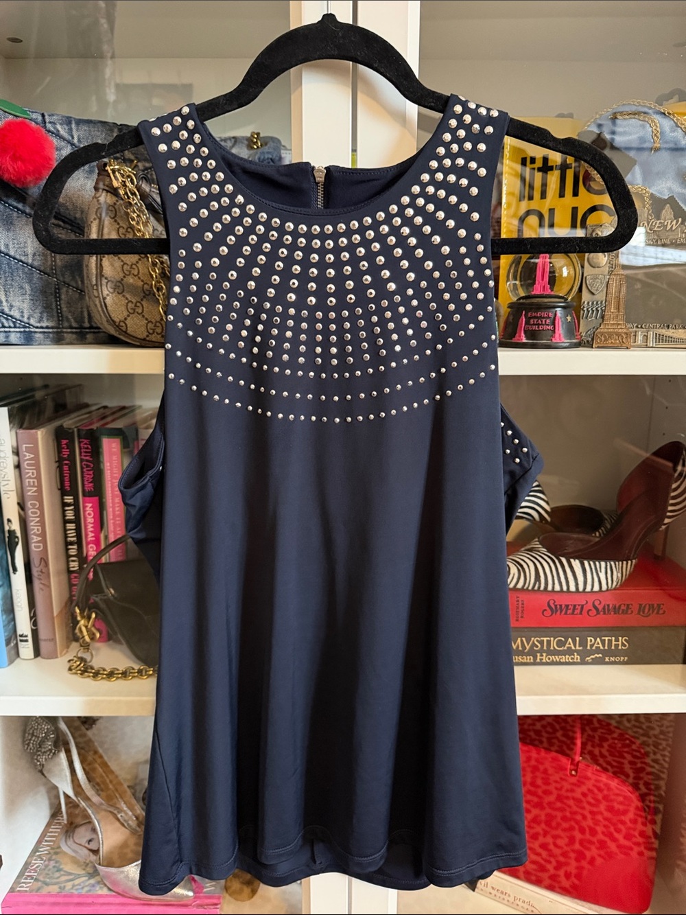 Y2K Vintage Cache Navy Sleeveless Embellished/Studded Top